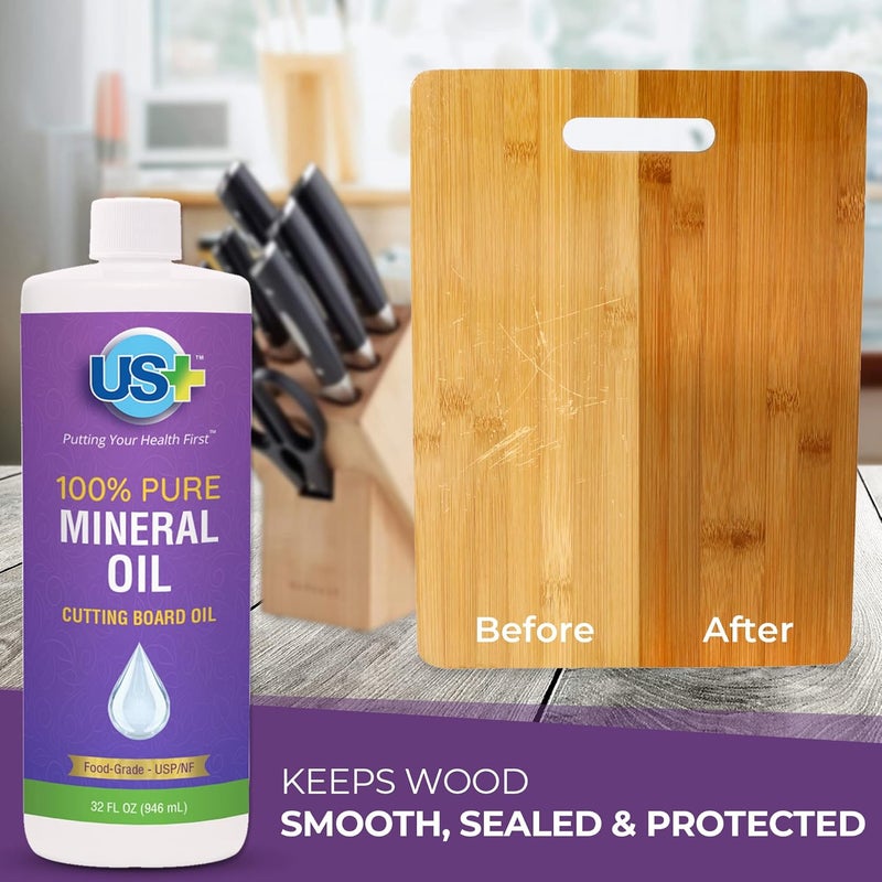 US + 32oz 100% Pure Mineral Oil - Cutting Board Oil - Food-Grade - USP - Restores & Protects Cutting Boards, Butcher Blocks, Countertops, Steel Surfaces & More - Image 2